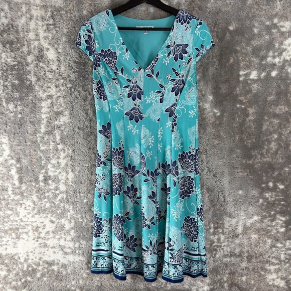 Studio One Petites Size PM Floral Print Stretch Fit Flared Dress Blue Cap Sleeve - Picture 1 of 8